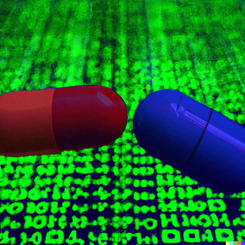 DALL·E prompt: A still of a red pill and a blue pill floating in front of green glowing wall of matrix numbers, The Matrix (1999)